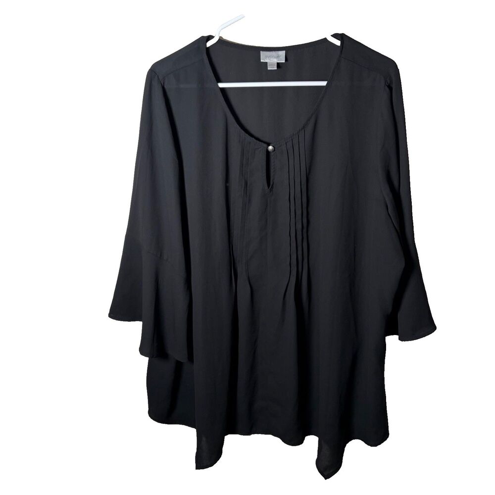 Avenue Blouse Women's 18/20 Black Keyhole Pleated 3/4 Sleeve Sheer Top